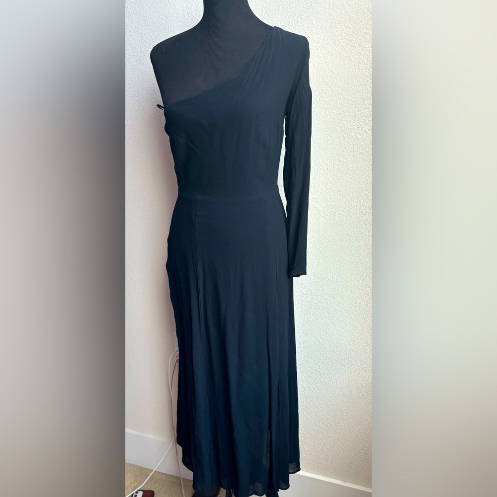 Reformation black, one shoulder midi dress size 10